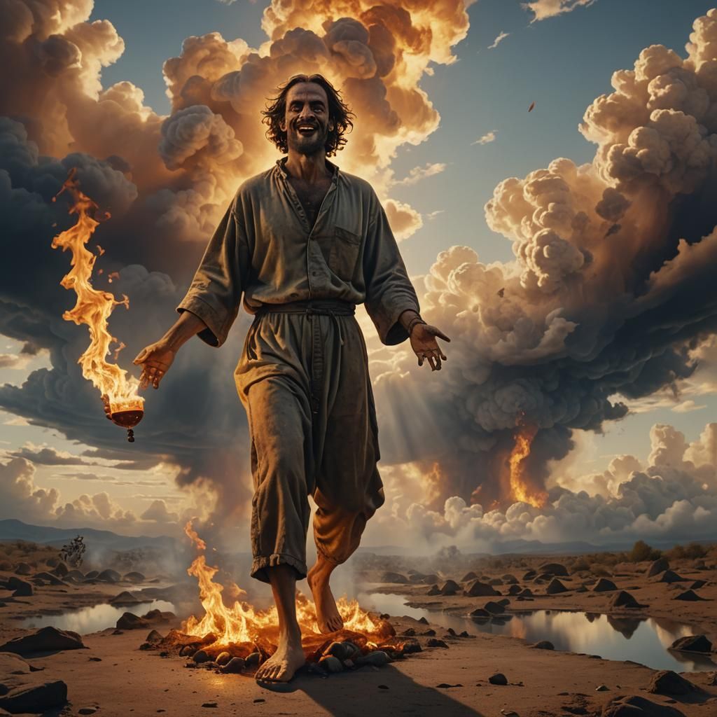Surreal Saint Walking on Fire in Photorealism