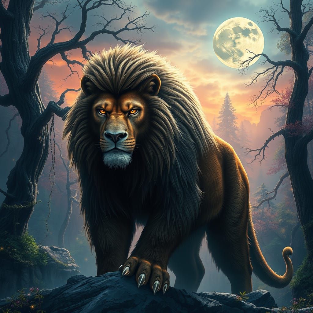 Regal Yeti Lion in Vibrant Ancient Forest