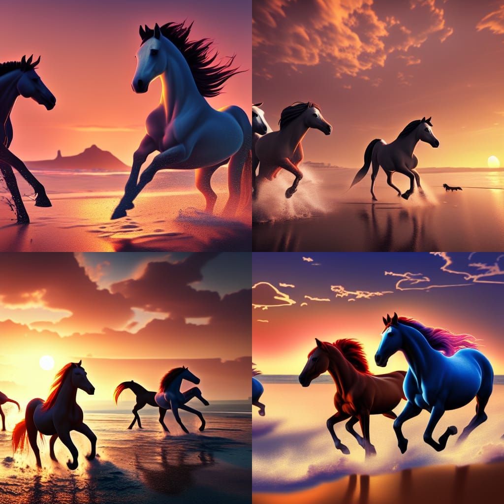 Horses Running on Beach at Sunset: Fantasy Art
