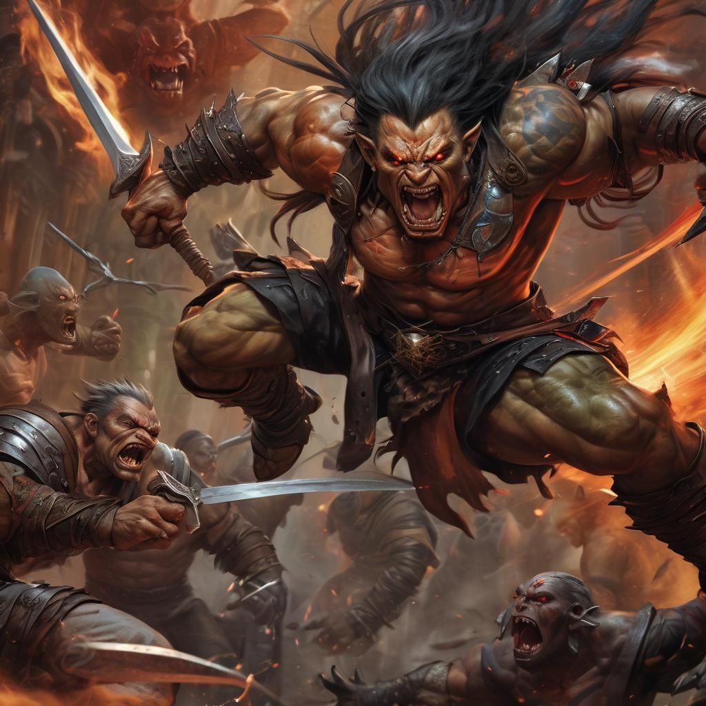 Half-Orc Warrior Strikes with Greatsword in Anime Style