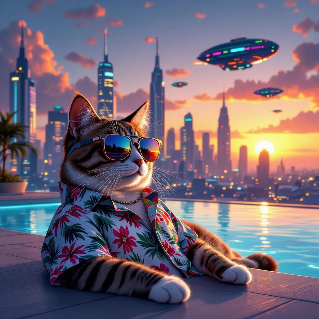 Cat in Sunglasses: Cyberpunk City Sunset