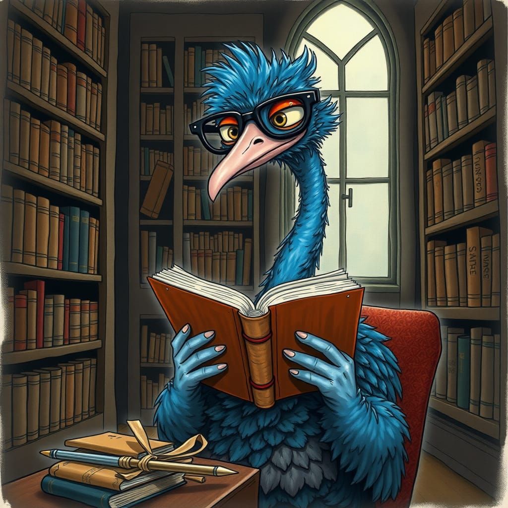 Anthropomorphic Emu Reads in Library Illustration