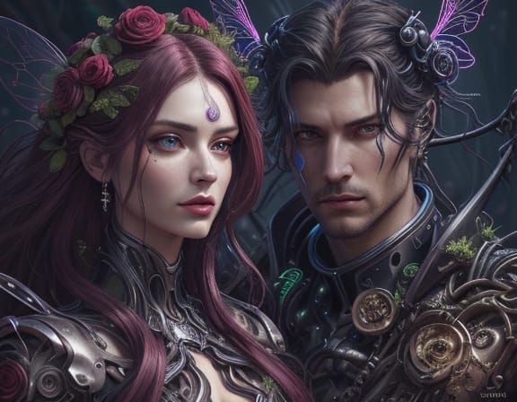 Cyberpunk Fairy Queen Portrait with Elegant Knight