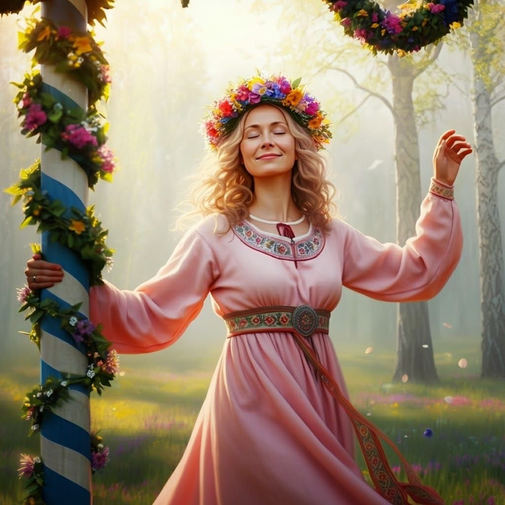 Lithuanian Woman Dancing Around Maypole as Digital Painting