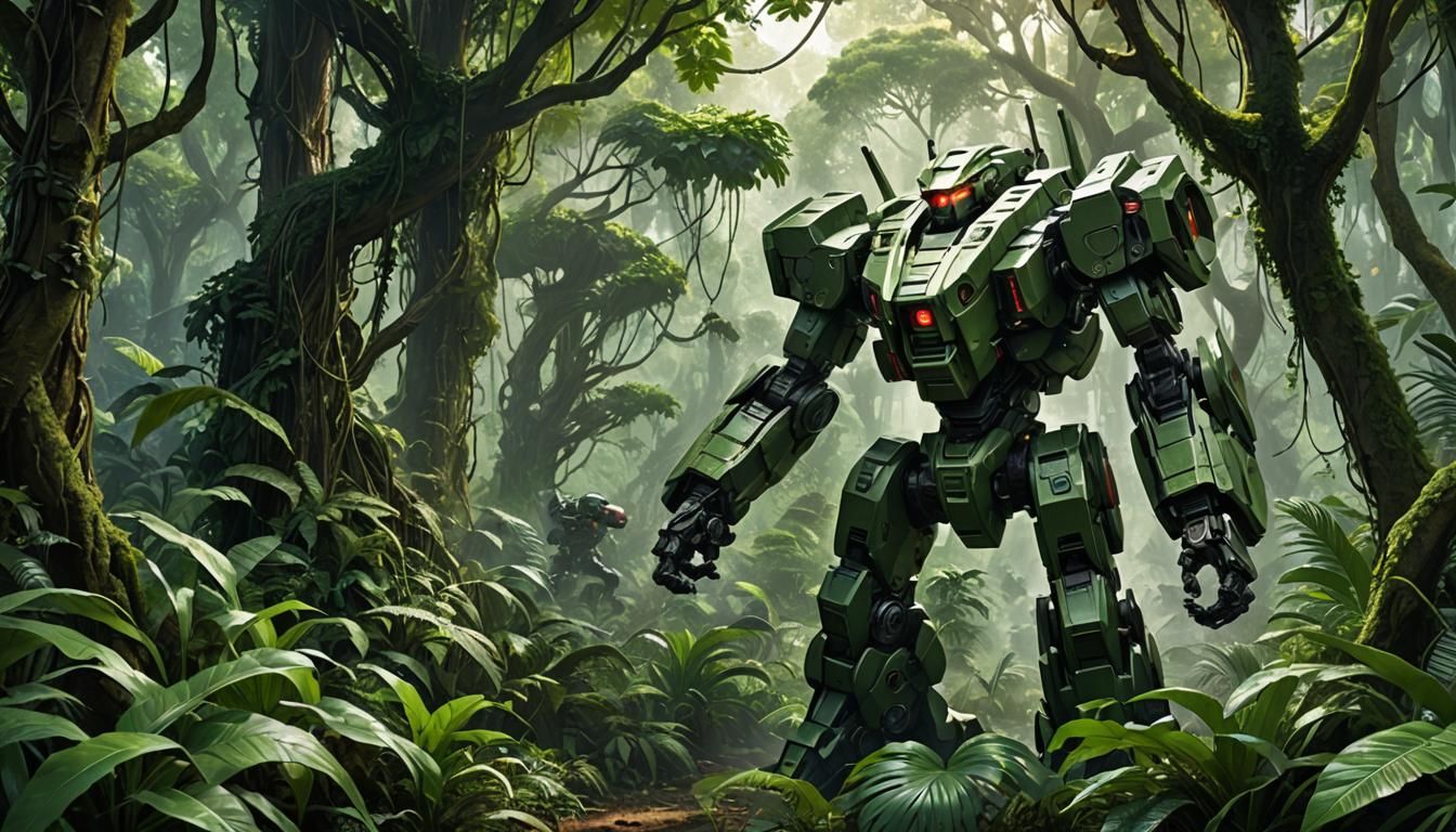 Camouflaged Mecha Ambush in Futuristic Jungle