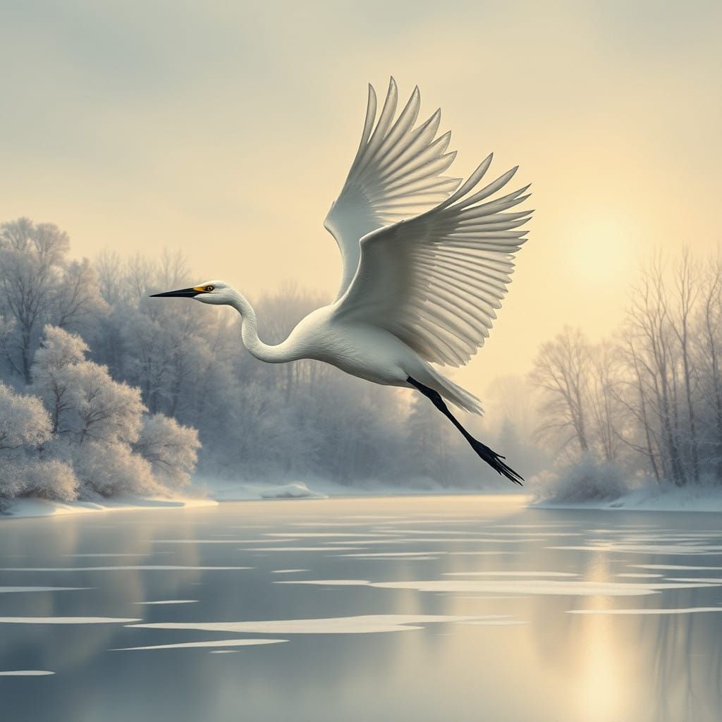 White Crane flying over a frozen lake