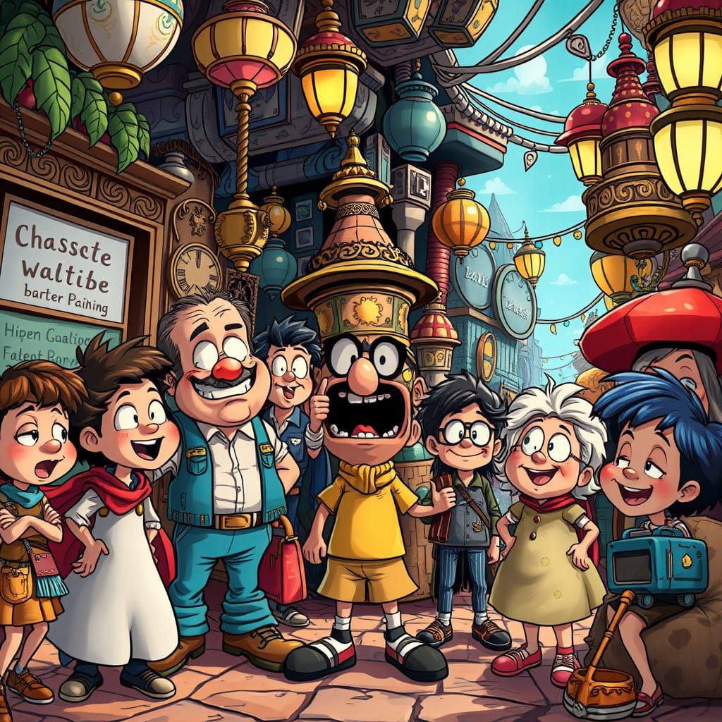 Vibrant Whimsical Comic Strip Scene with Exaggerated Express...