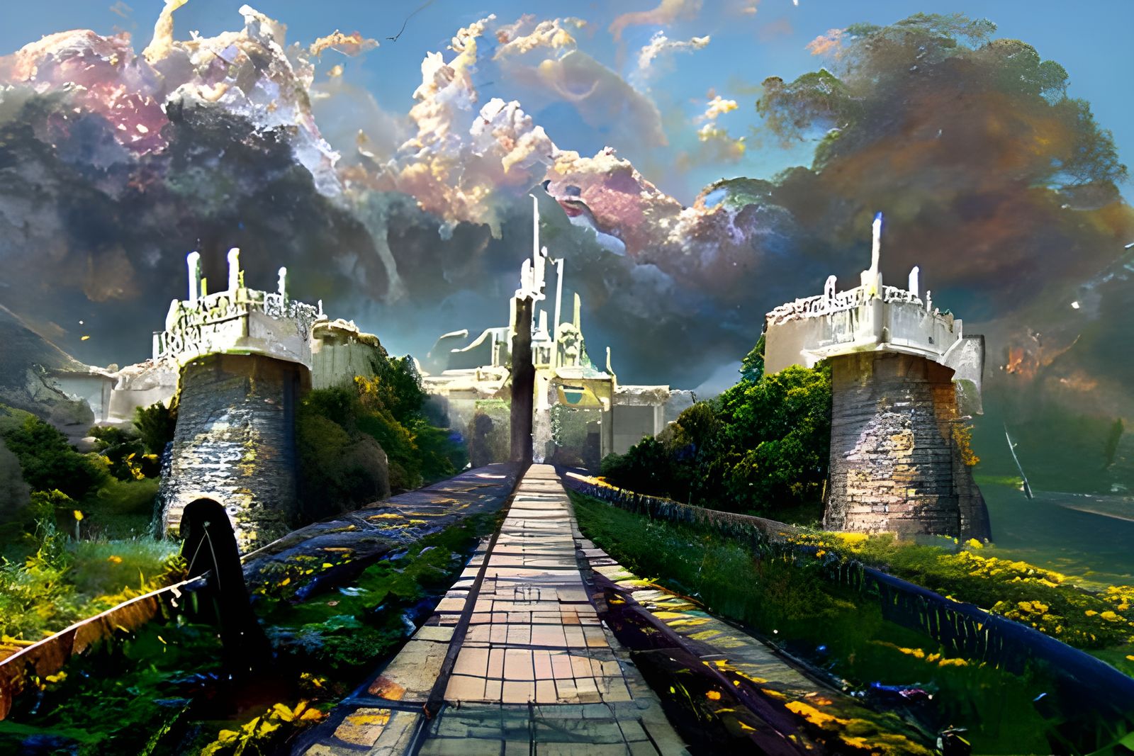Cyberpunk Castle on a Moat, Digital Art