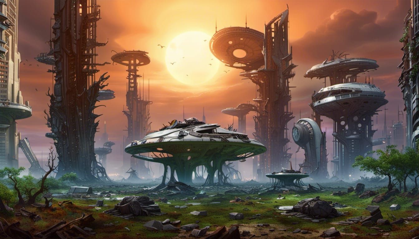 Detailed Ruined Futuristic City on Alien World