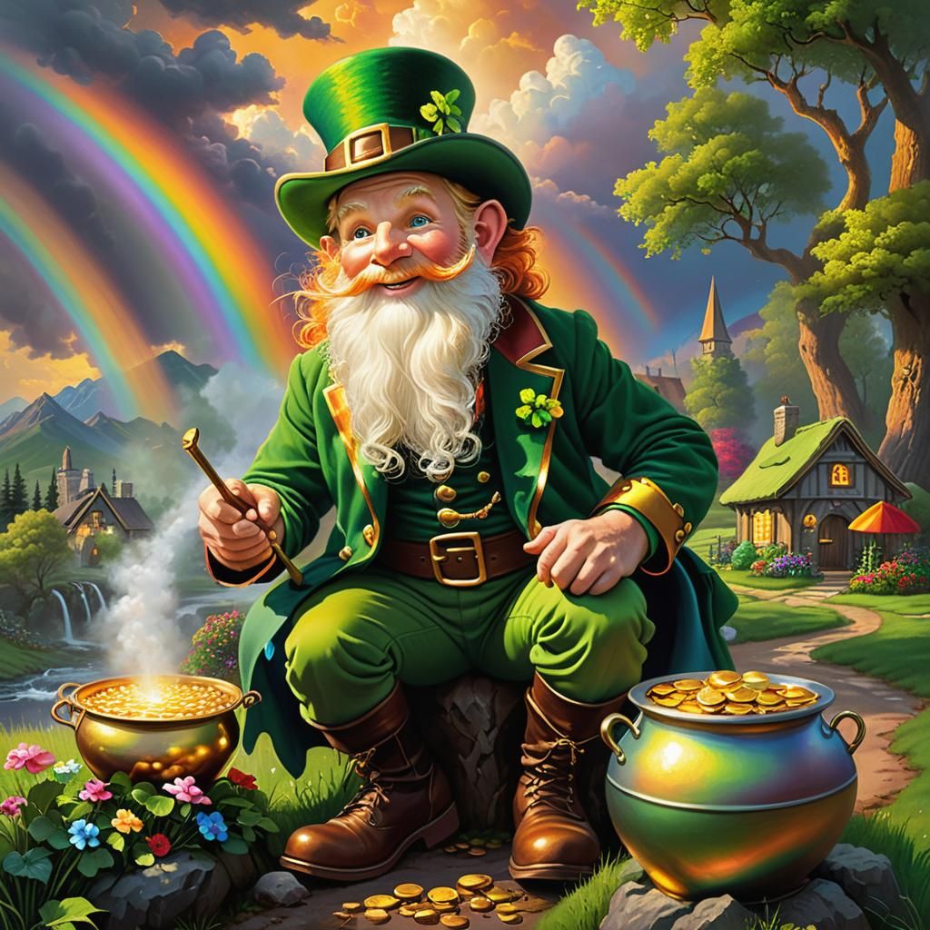 Leprechaun and Pot of Gold in Fantasy Landscape
