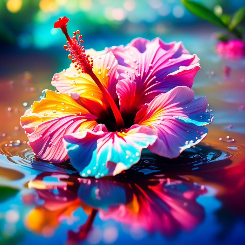 Tropical Hibiscus Flower in Impressionist Beach Garden