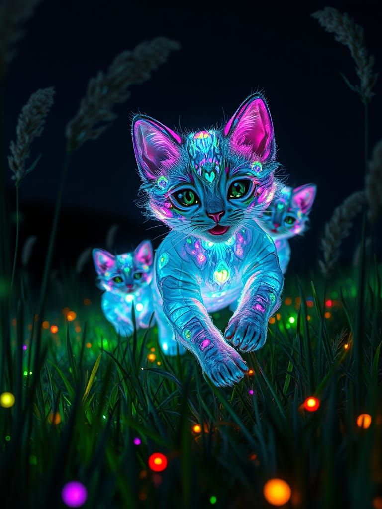 Giant Glowing Kittens on Crystal Grass Hill