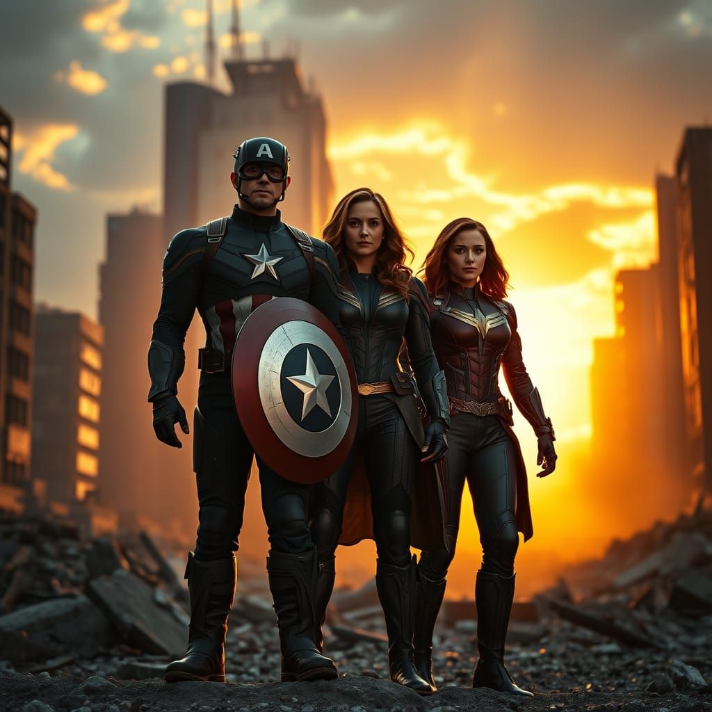 Heroic Trio Defies Ruin in Gritty Sunset Cityscape