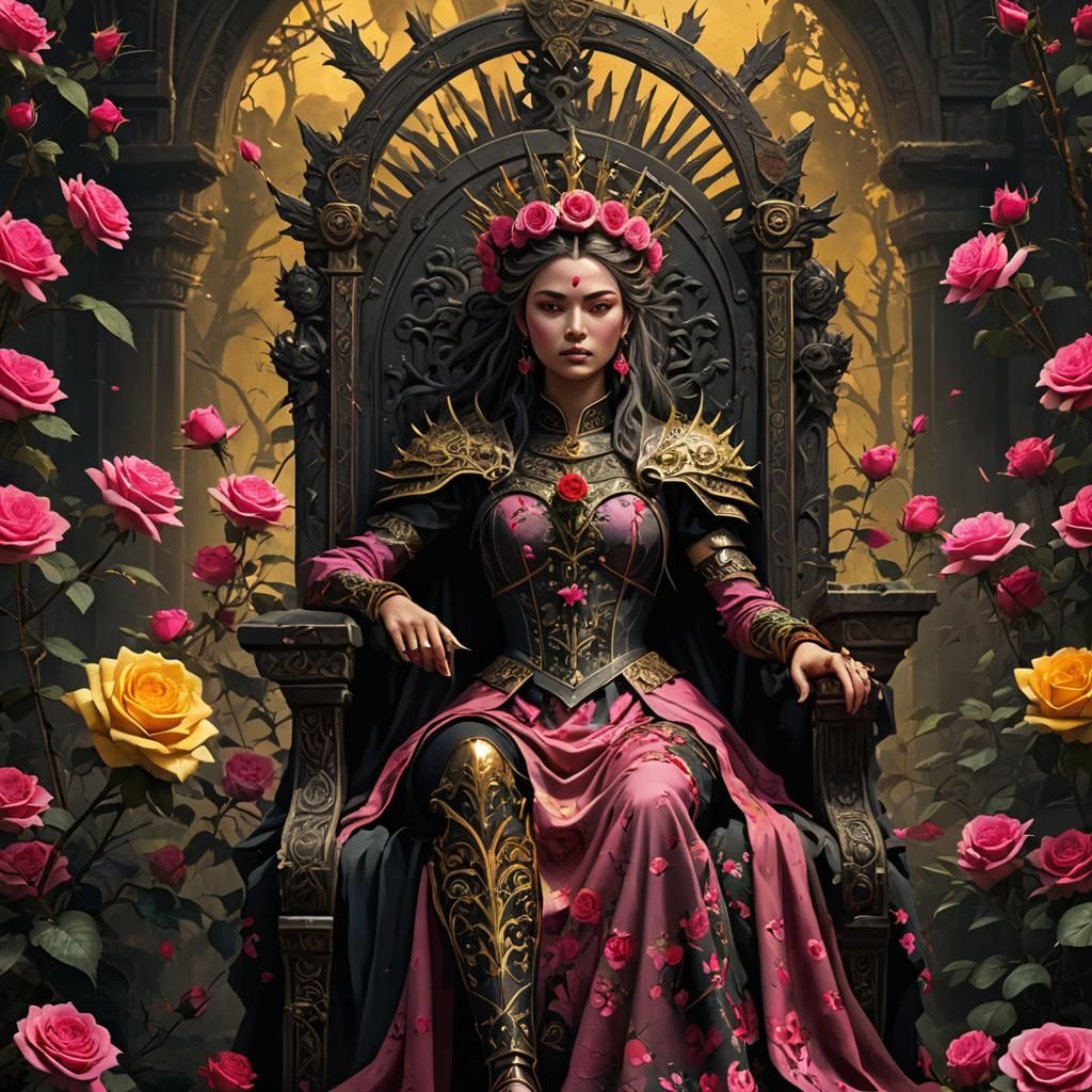 Rose Crowned Warrior Queen on Throne, Digital Art
