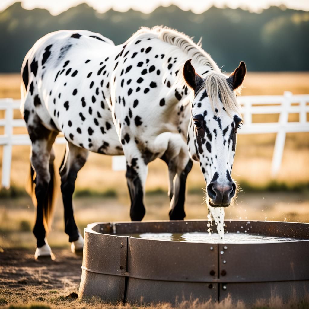 Appaloosa Horse Drinks in Sunny Field