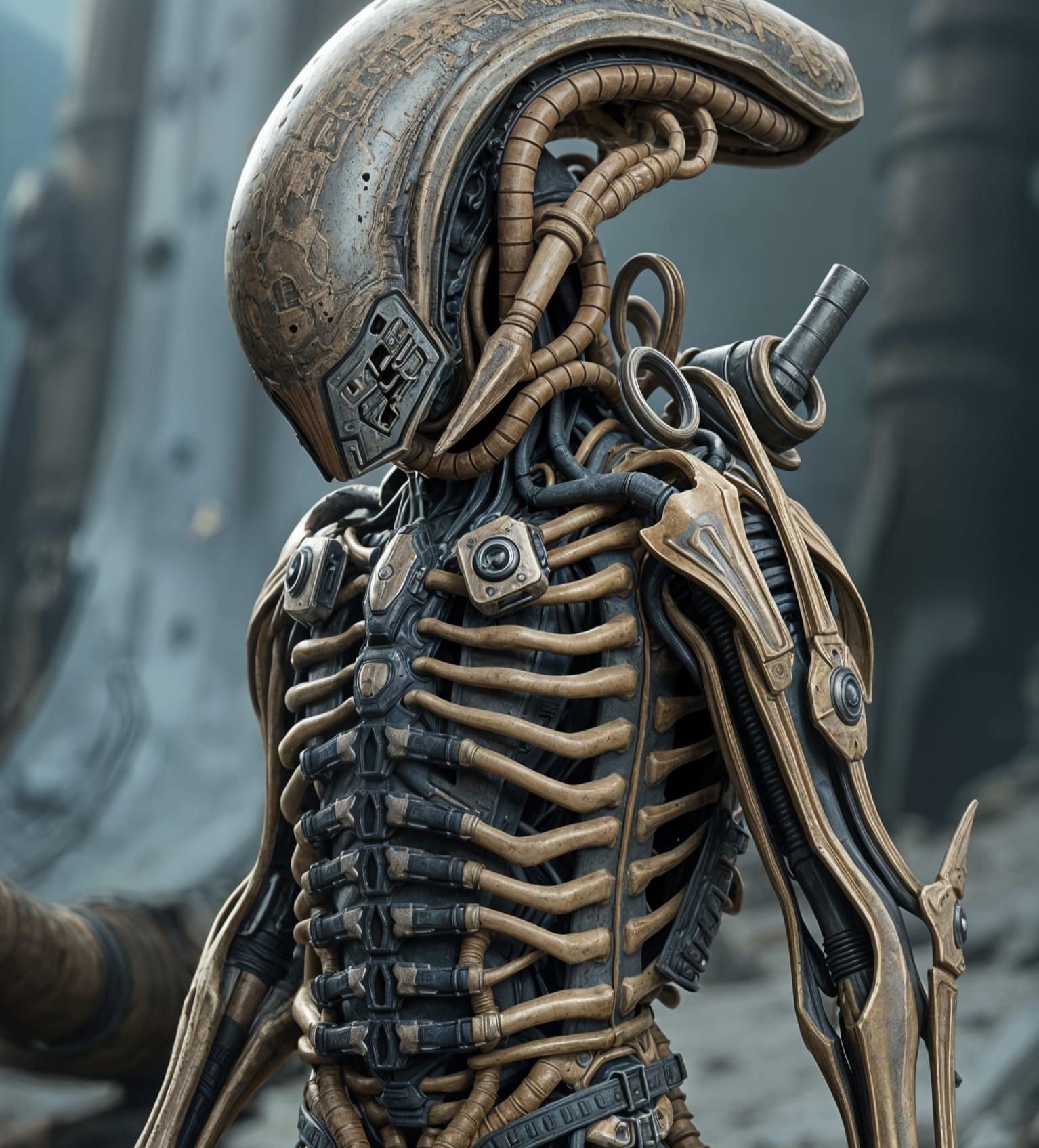 Biomechanical Bone Armor in Dystopian Alien Landscape