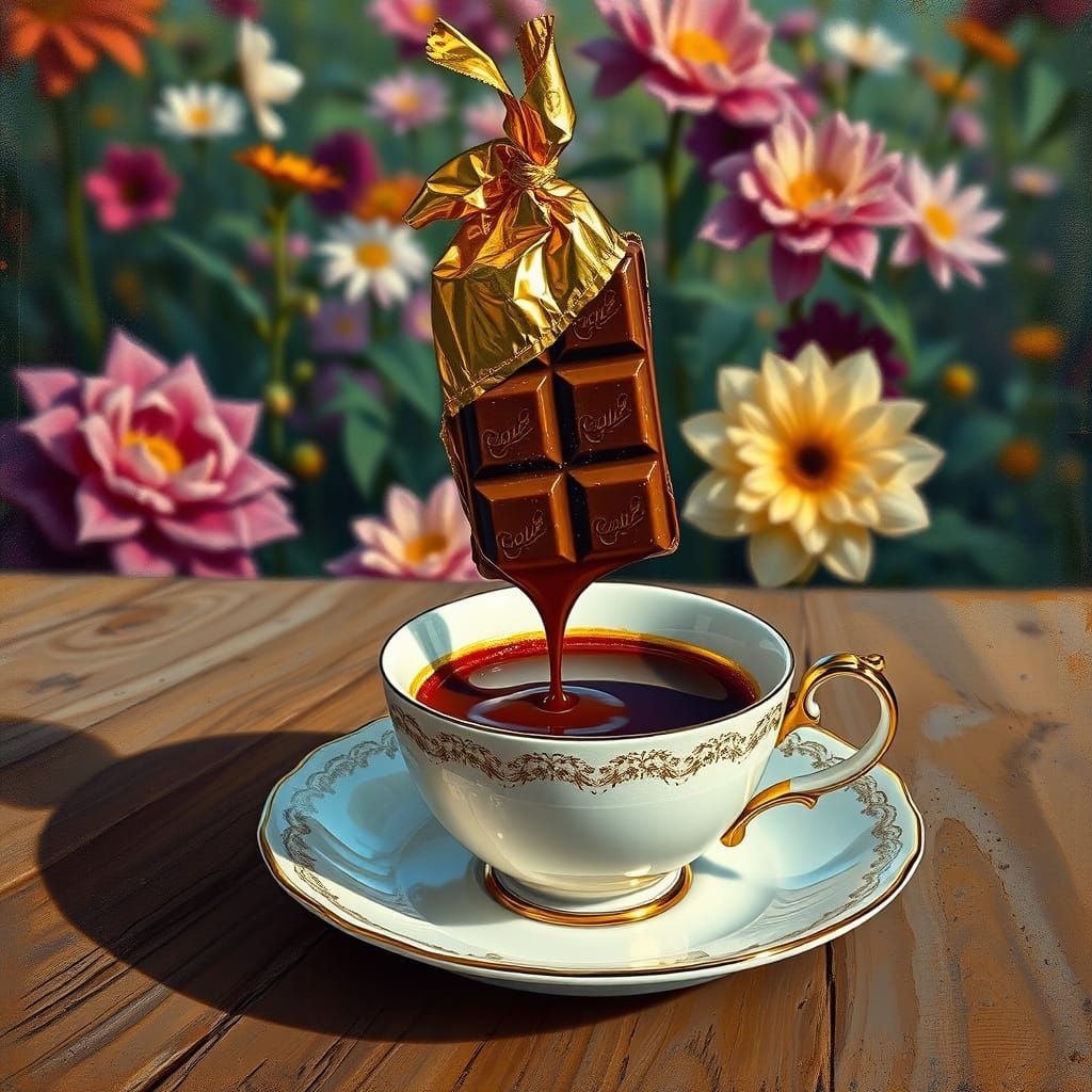 Chocolate Bar Melts into Teacup with Floral Garden