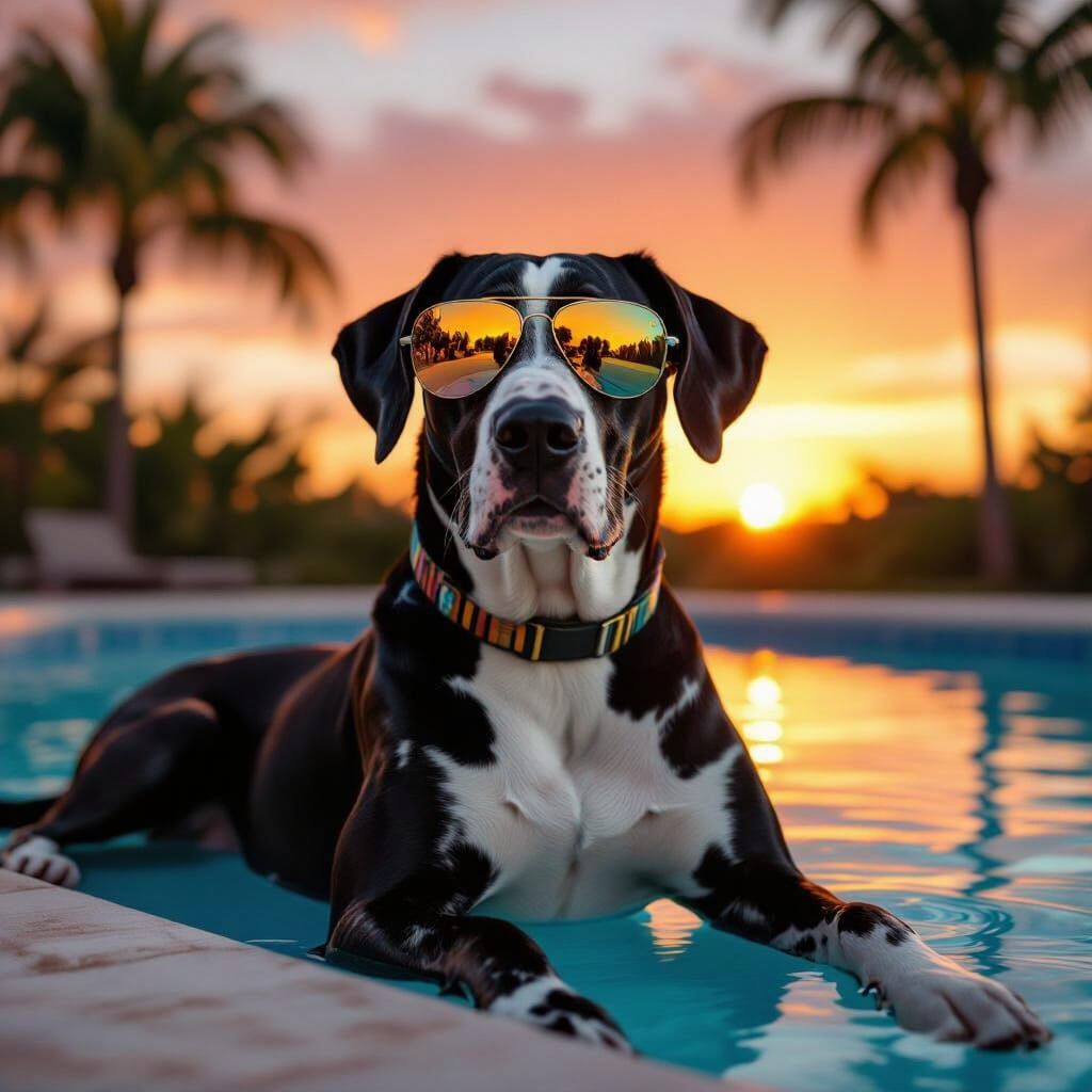 Stylish Harlequin Great Dane by Pool at Sunset
