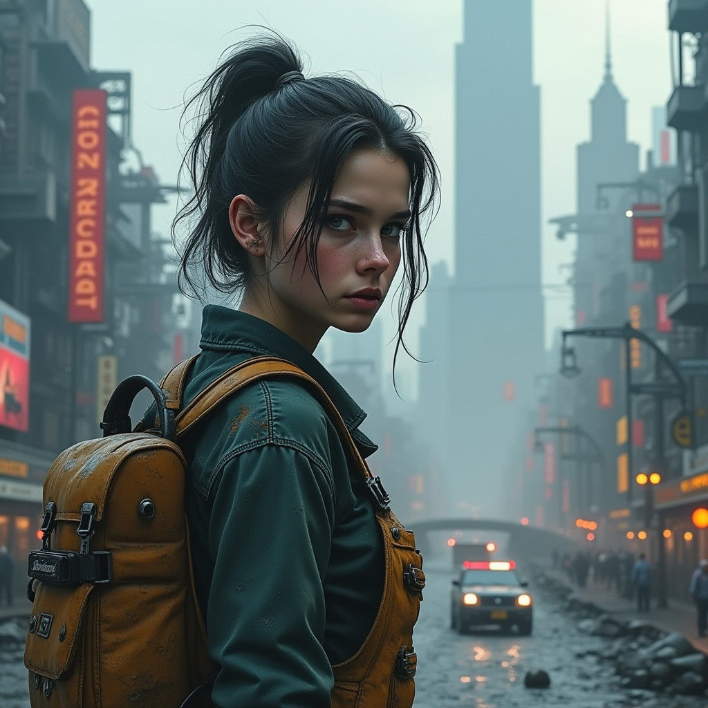 Woman Technician in Dystopian City, Stylized Realism