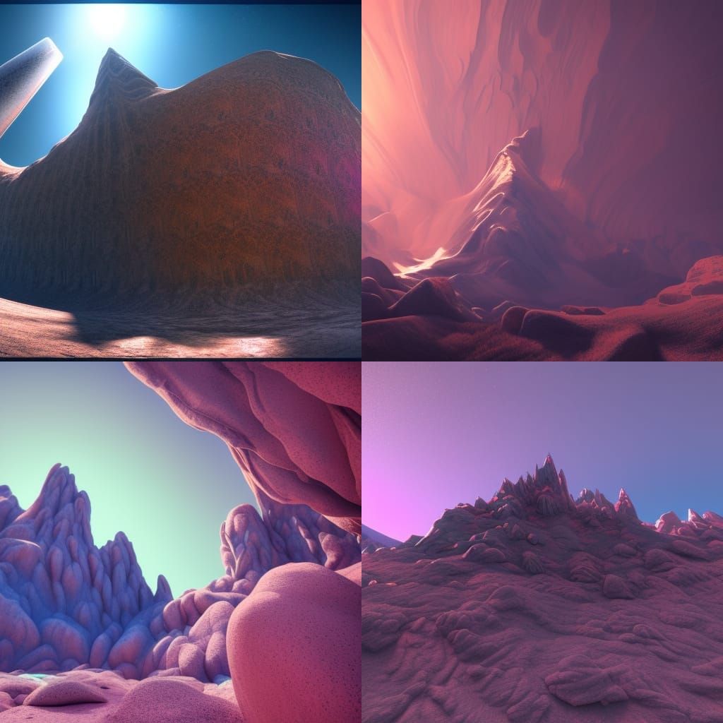 Hyperdetailed pareidolia in large mountain, wide angle shot taken on a Nikon D750, psychedelic unreal engine, 3D render,...