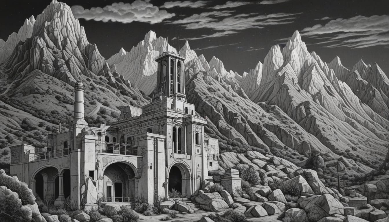 Baroque Alpine Landscape with Retrofuturistic Ruins