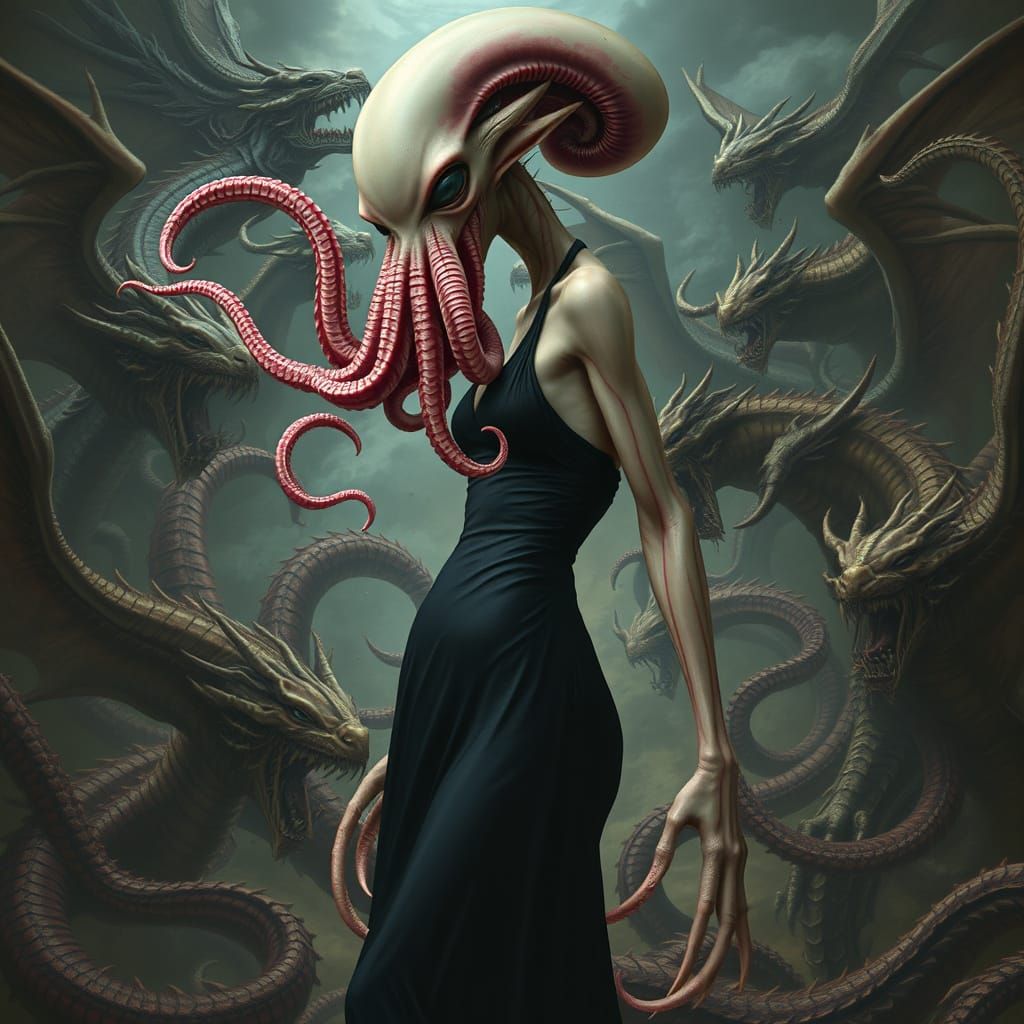 Alien Woman in Biomechanical Dystopian Landscape