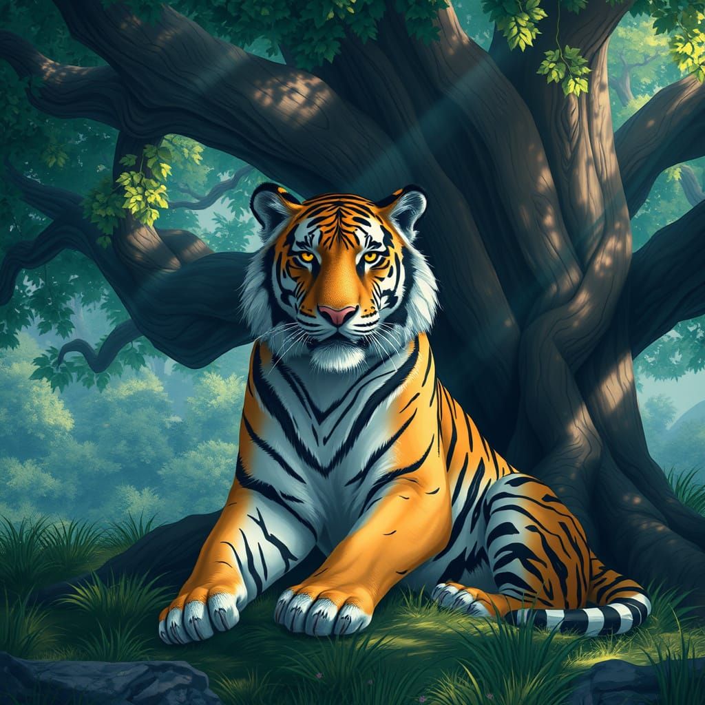 Majestic Tiger in Dreamy Landscape with Vibrant Colors