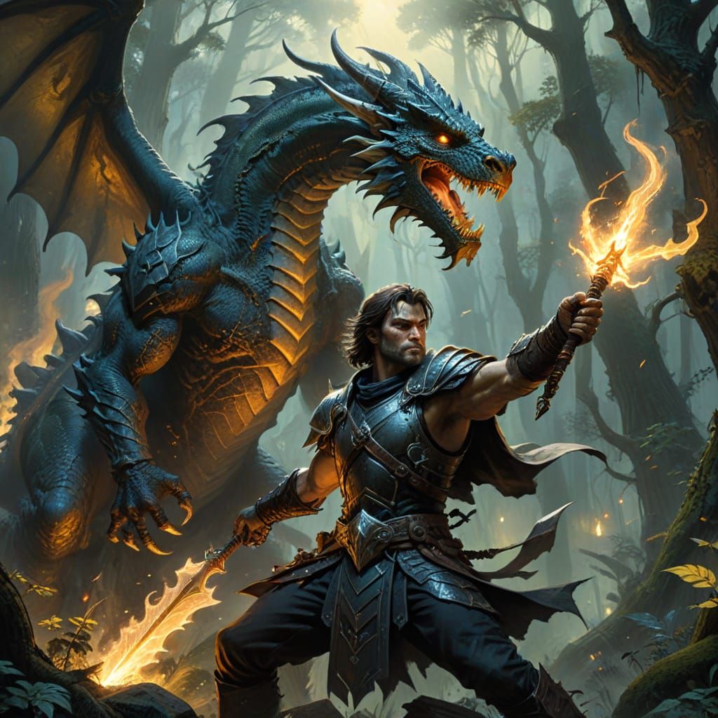 Mystical Battle Between a Warlock and a Dragon-Born in a Dar...