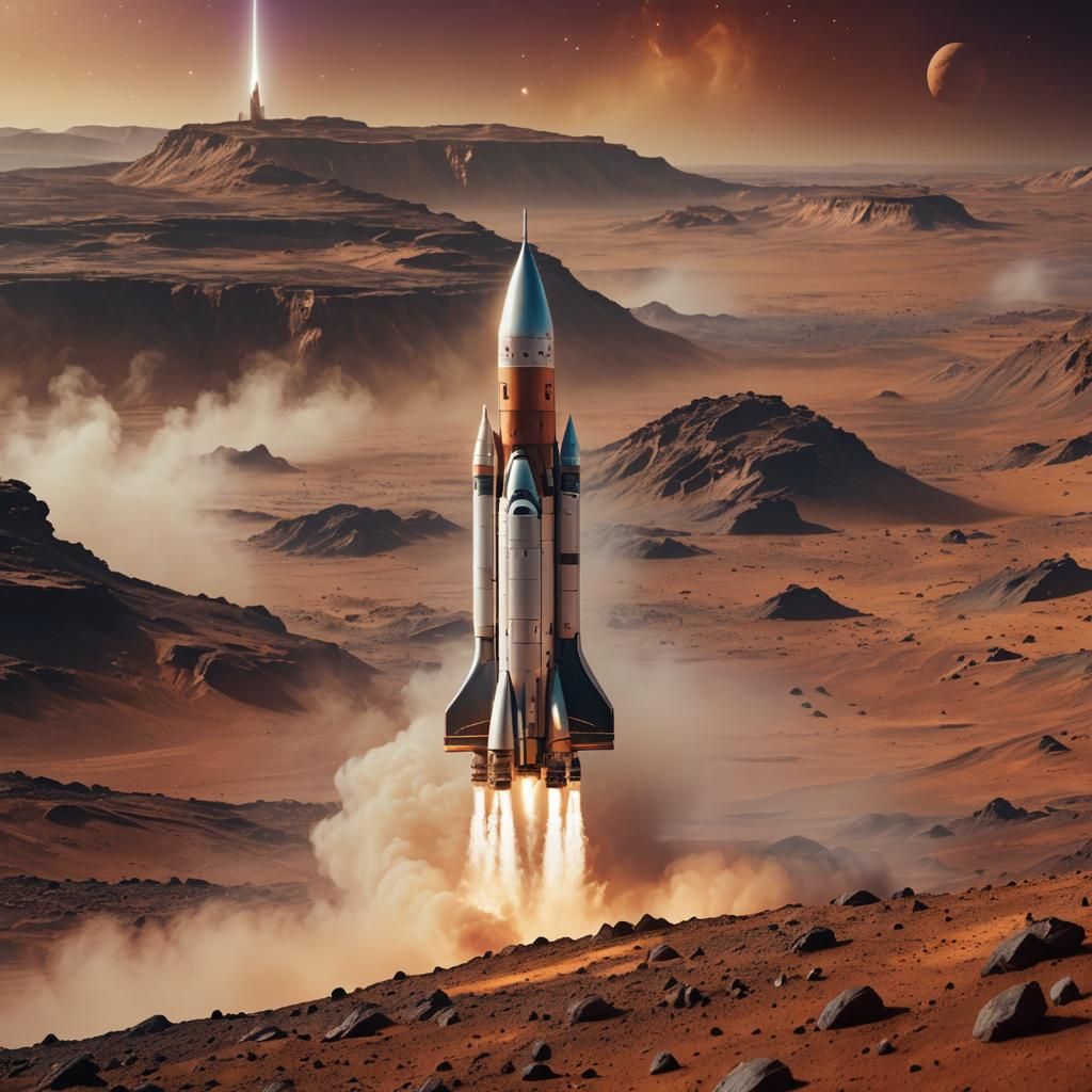 Rocket Ship Lands on Mars in Ethereal Fantasy