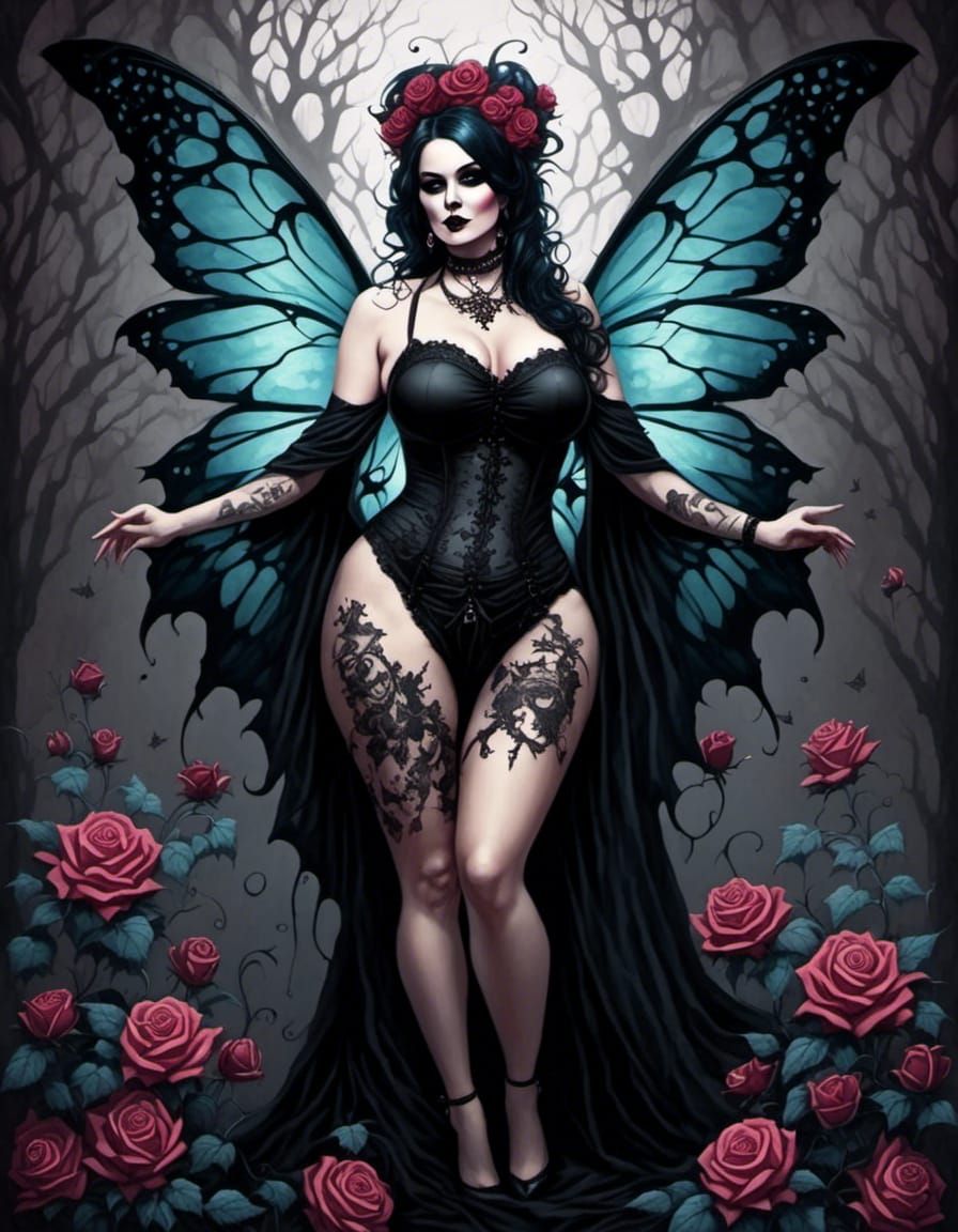 Gothic Curvy Fairy Portrait with Tattoos