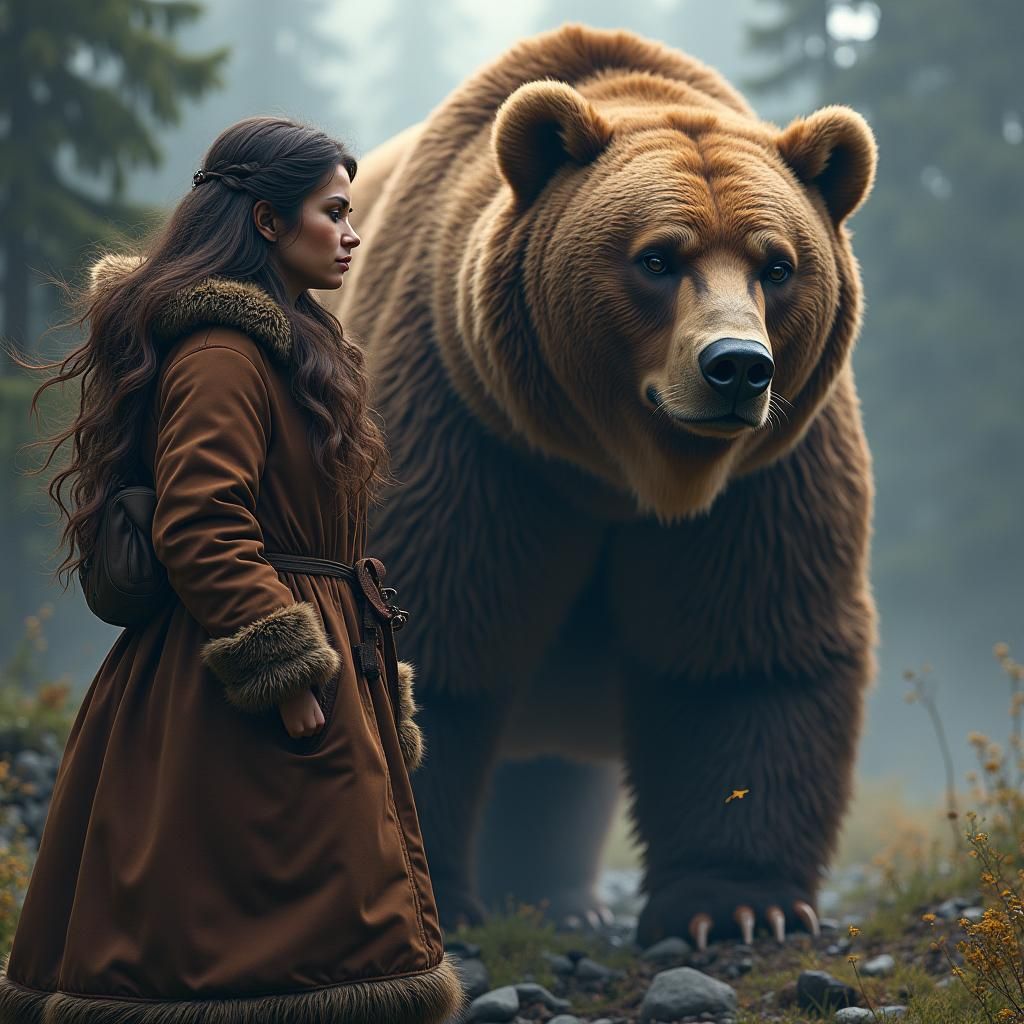 Woman and Bear: Hyper-Realistic Concept Art Portrait