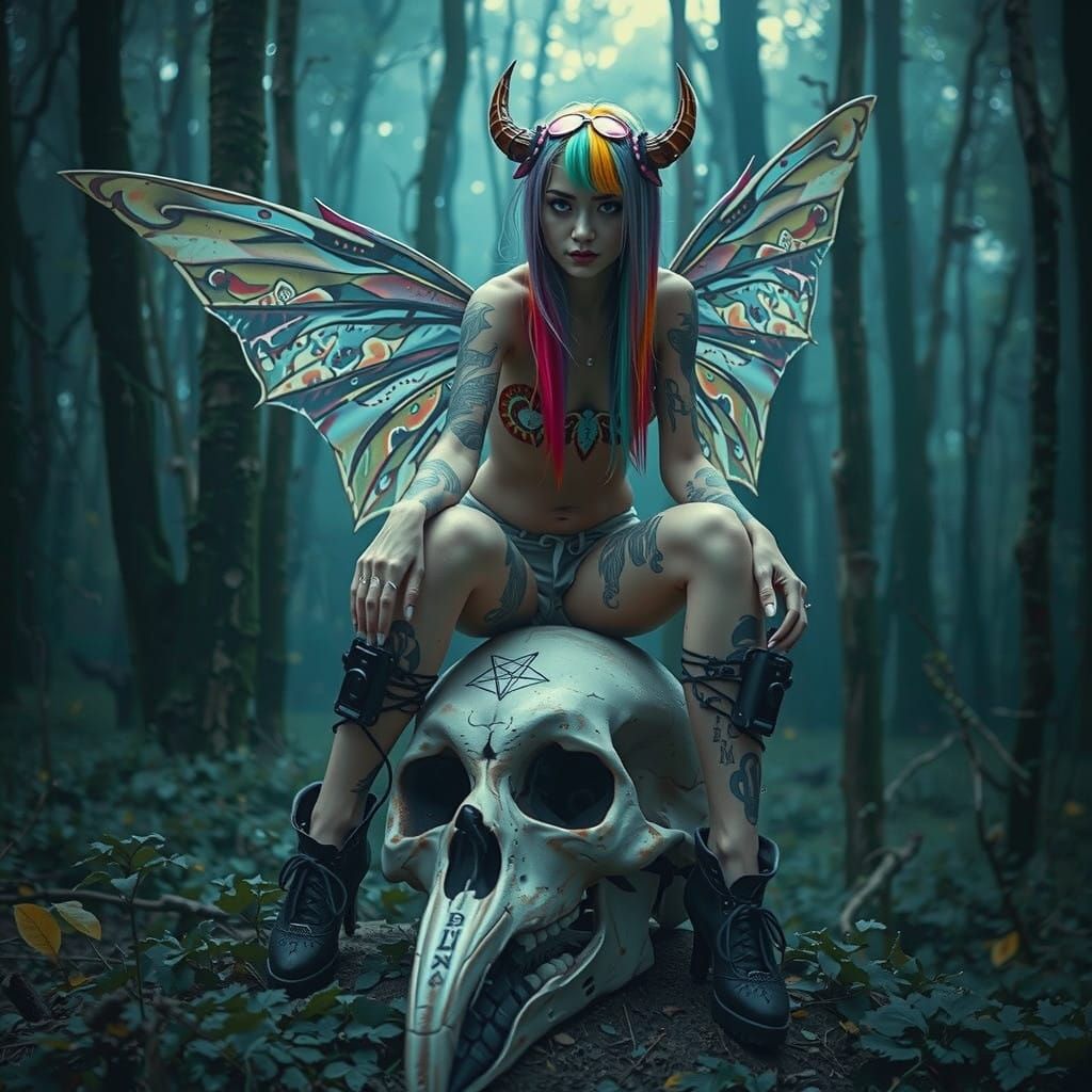 Cyberpunk Faerie Reigns Over Crow Skull Throne