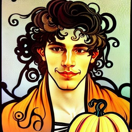 Halloween Party: Young Man with Pumpkins in Art Nouveau Styl...