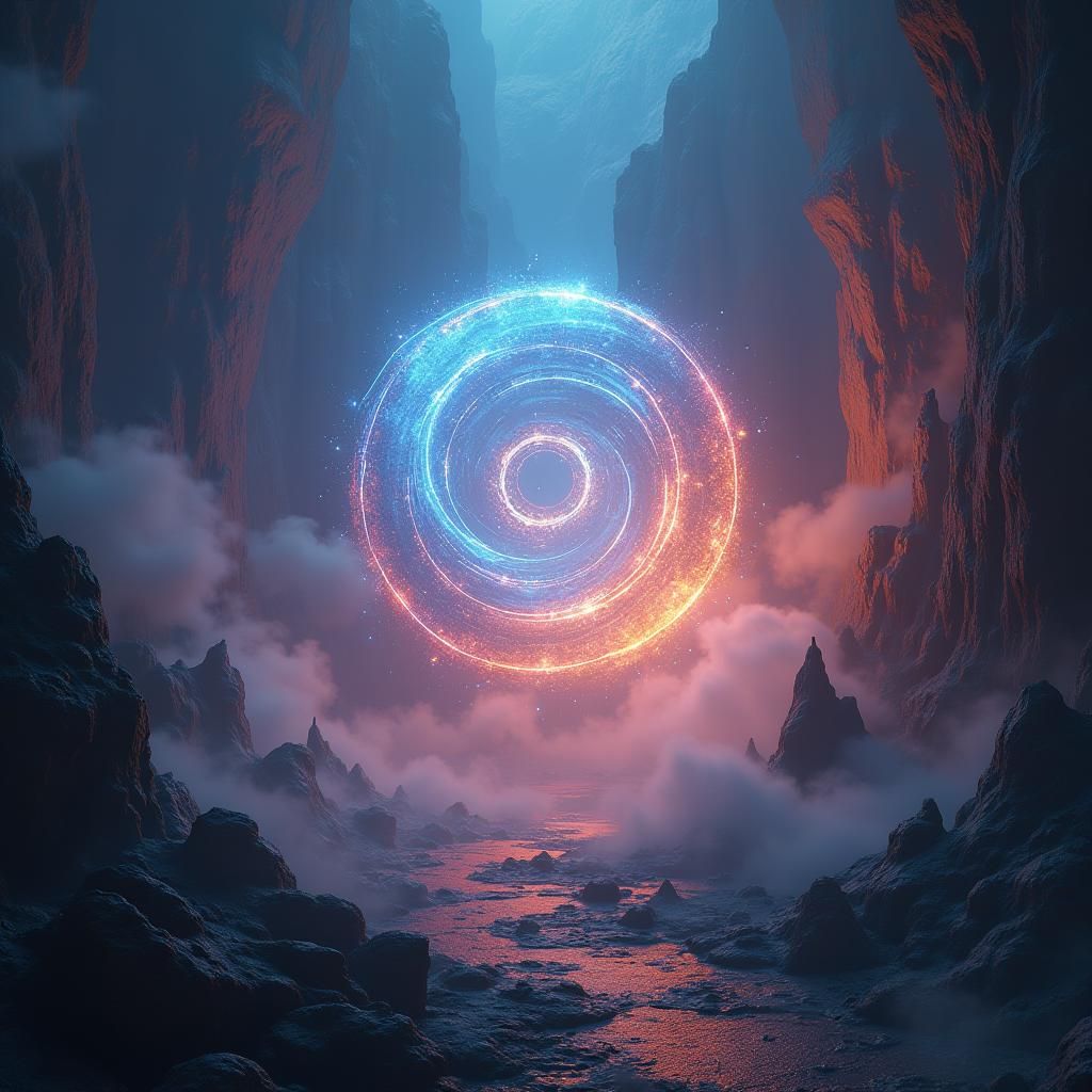 Mysterious Glowing Equation in Dreamlike Fantasy Landscape