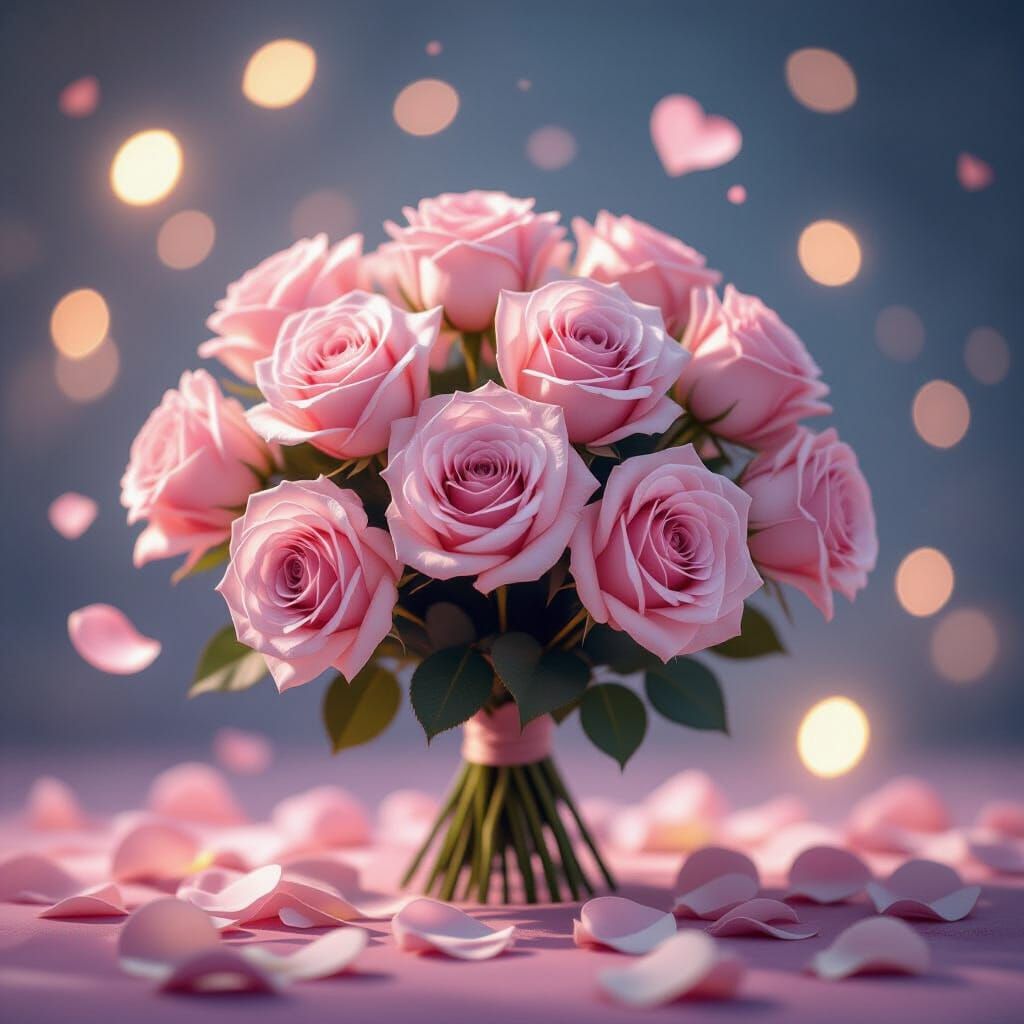 Ethereal Bouquet of Pink Roses in Fantasy Art Style