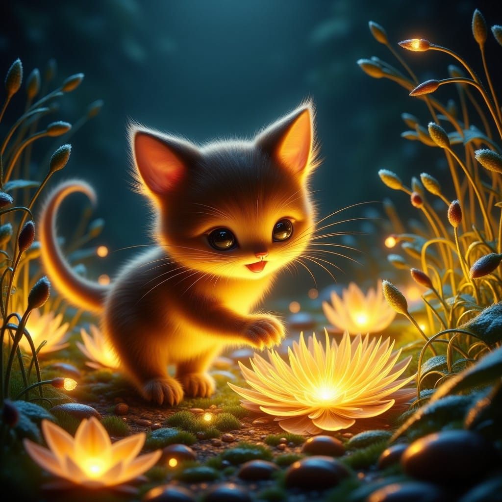 Whimsical Cheshire Cat on Bioluminescent Flora