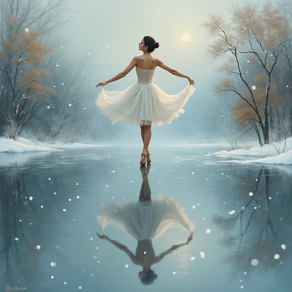 Ballerina's Reflection on Frozen Lake in Impressionist Style