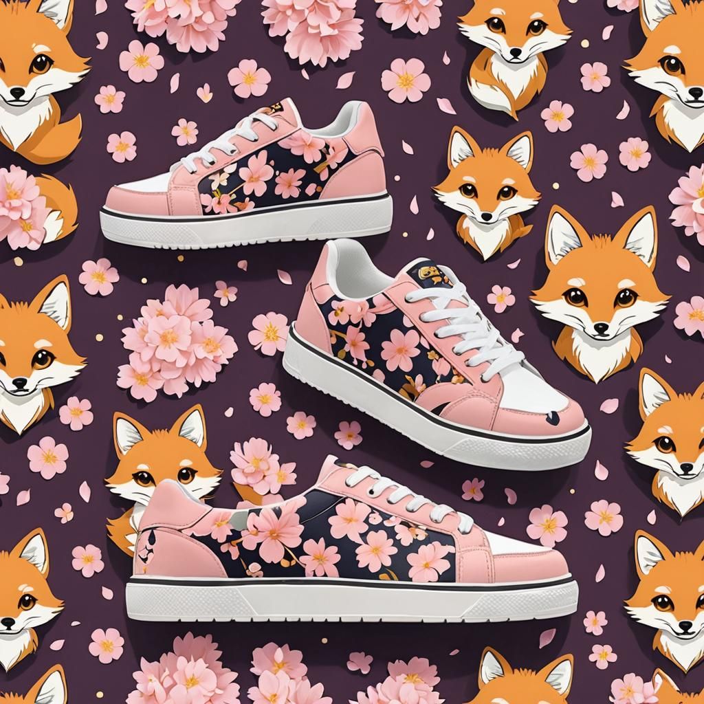 Anime Fox Platform Sneakers with Sakura Petals