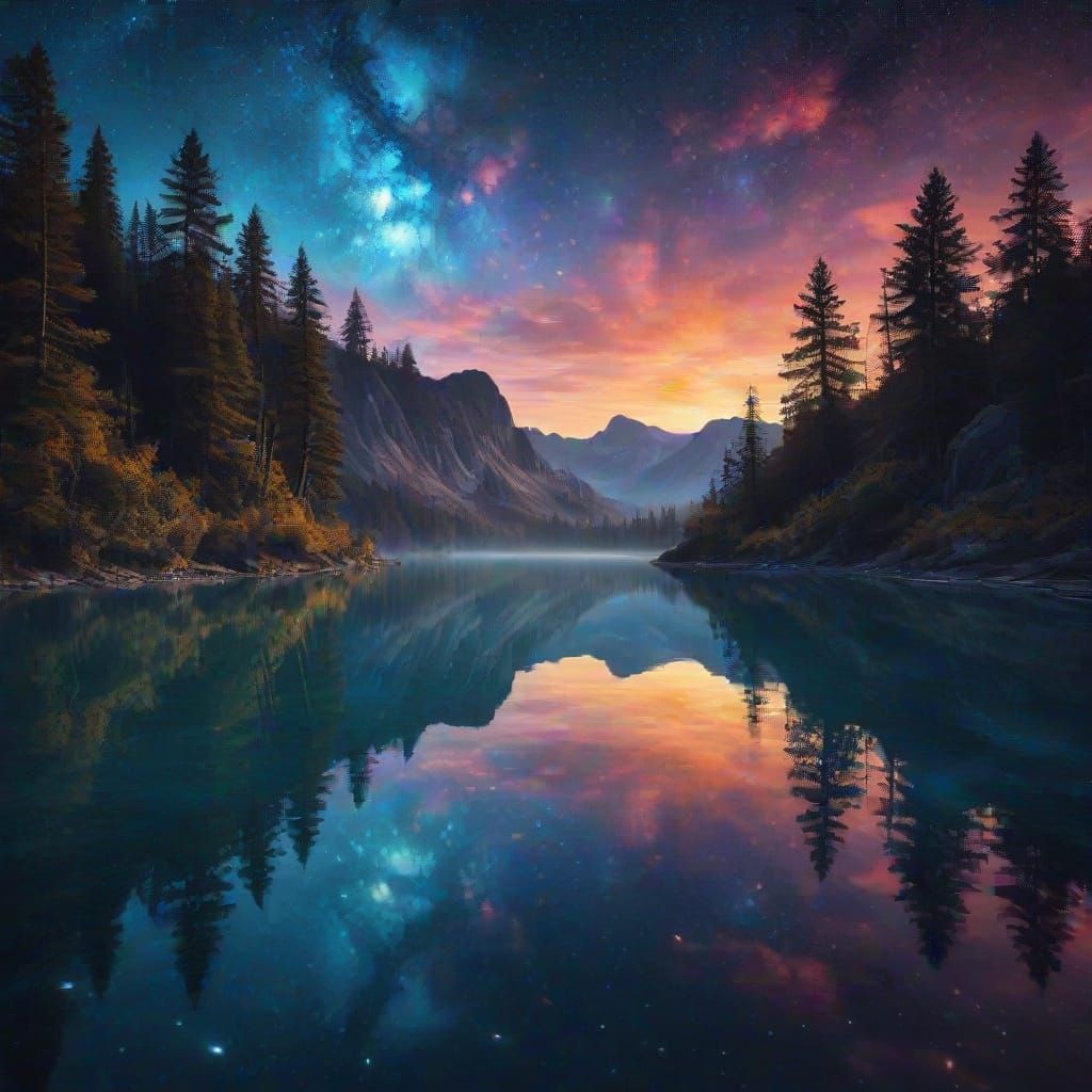 Shimmering Lake Reflects Cosmic Nebulae in Oil Painting