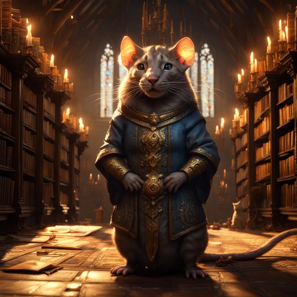 Humongous Golden Rat in Library, Dark Fantasy Art