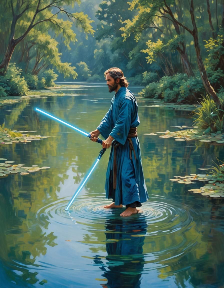 Blue Jedi with Water Saber Impressionistic Painting