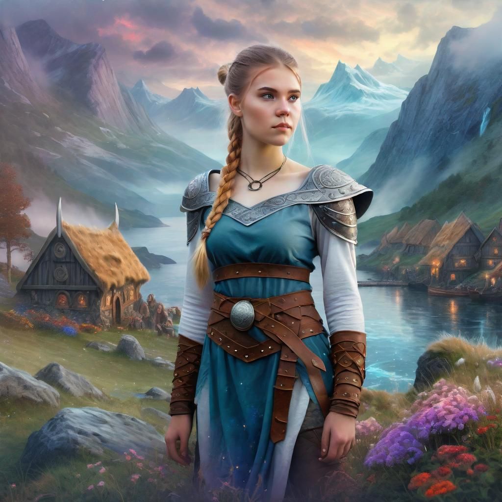 Young Women in a viking clothing in a viking fantasy world, Kliffs, Mountains, Sea, Flowers, Viking village, Snek, 8k re...