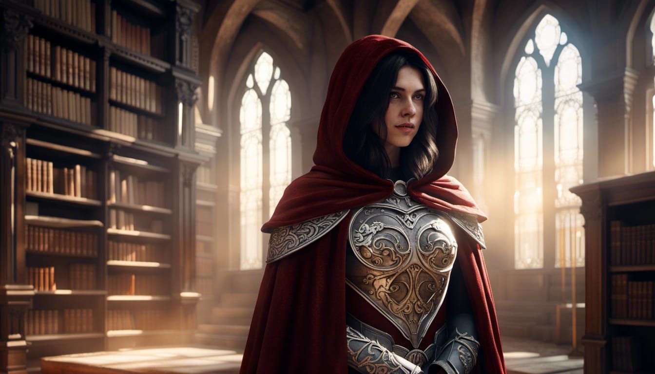 Female Knight in Porcelain Armor in Library