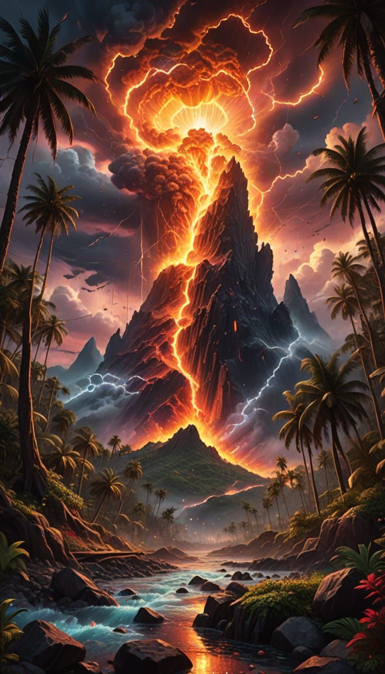 Golden Treasure Trove with Lava River and Stormy Skies