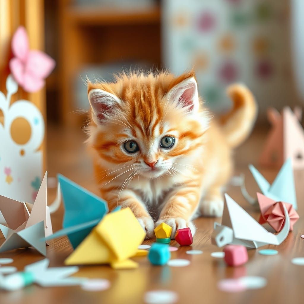 Whimsical Pastel Kitten in Delicate Papercraft Wonderland