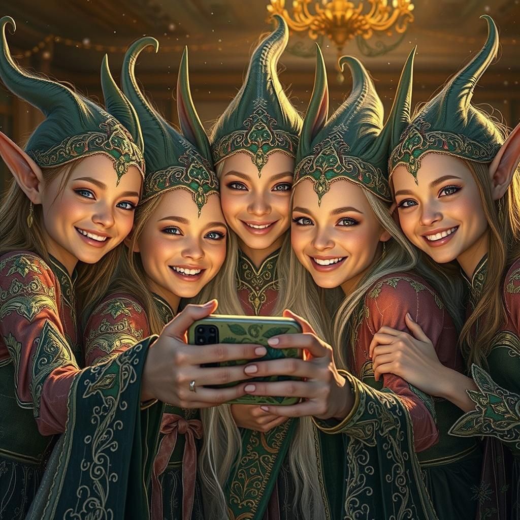 Elves in Red Dresses Take a Joyful Selfie