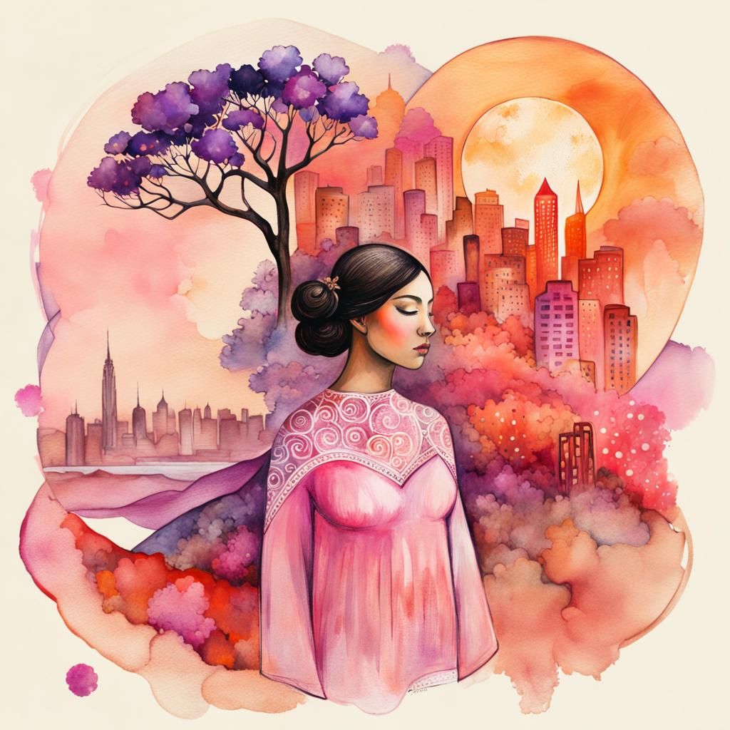 Woman and Summer Landscape in Double Exposure Watercolor