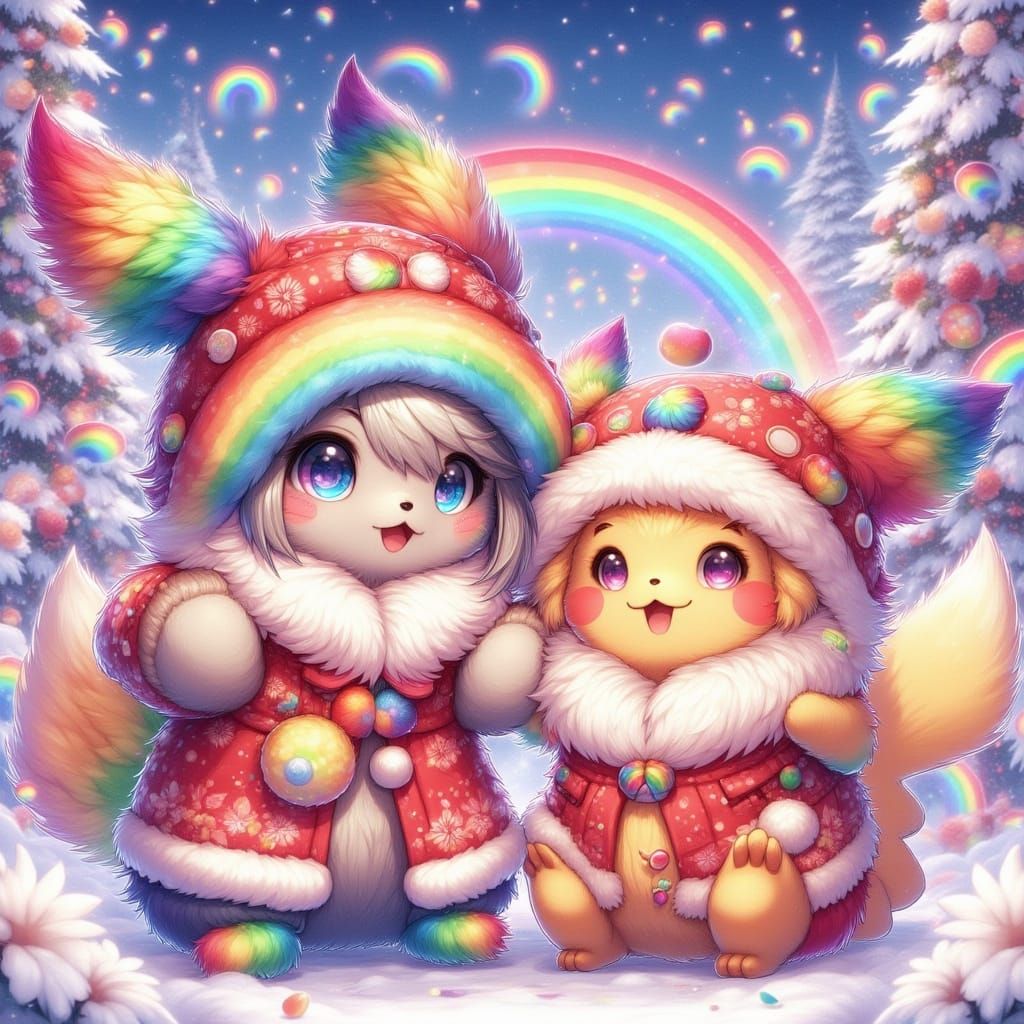 Sylveon and Pikachu Christmas Celebration in Cute Outfits