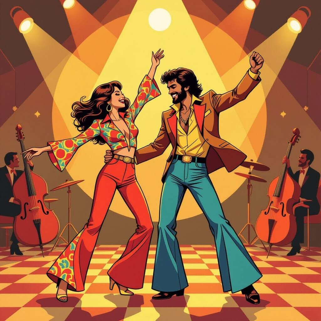 1970s Disco Couple Dancing in Fashion Ad Illustration
