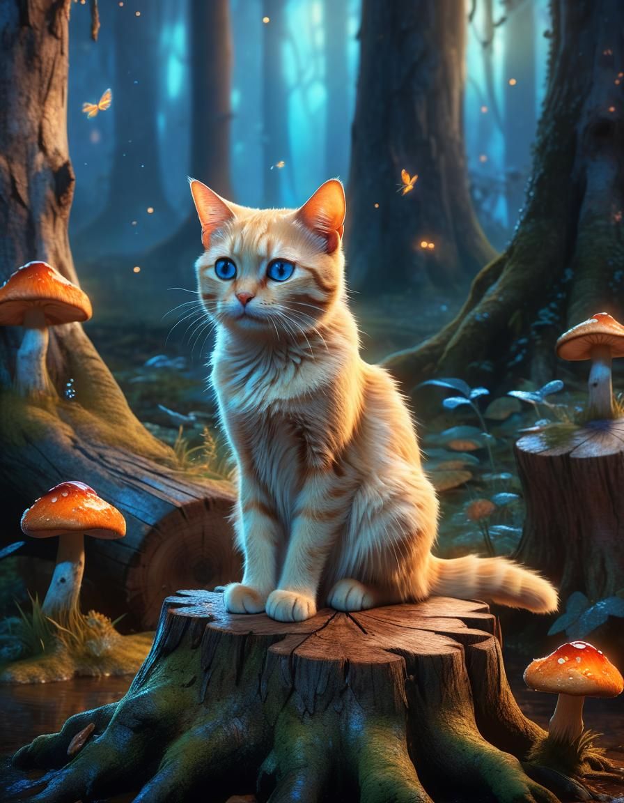 Crying Cat in Fantasy Forest: Detailed Matte Painting